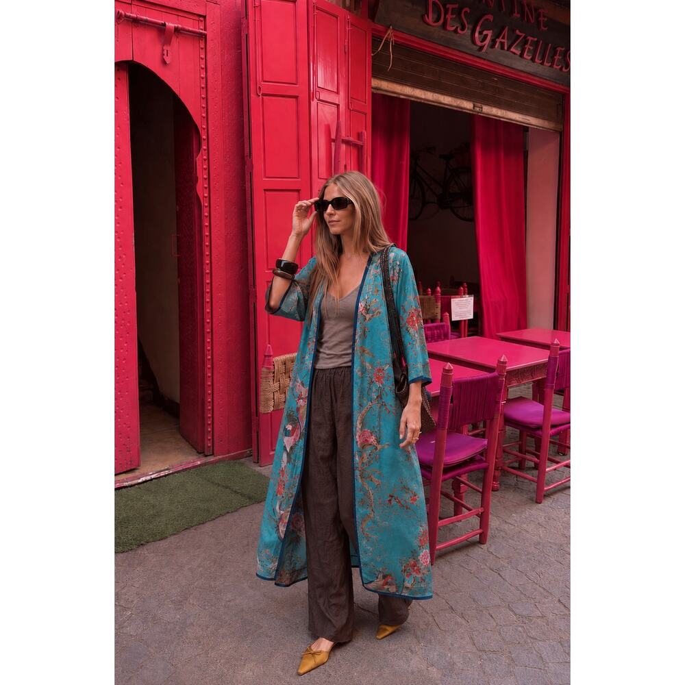 Zara Tropical Bird Floral Kimono Duster Wrap Robe Dress Tropical Resort Cover Up